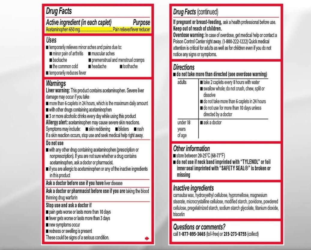 Tylenol Arthritis Pain - Acetaminophen Extended Release Pain Reliver - 290 Caplets 650 mg each