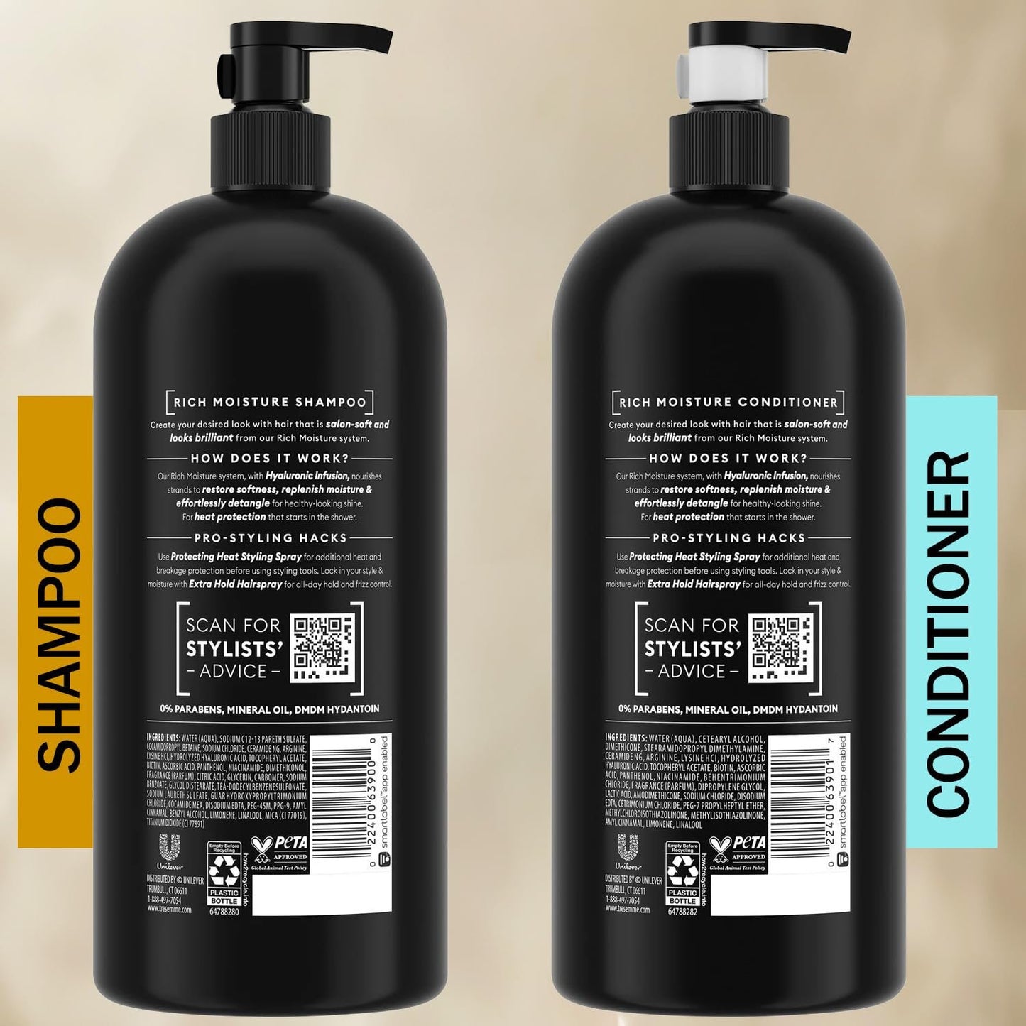 TRESemmé Shampoo & Conditioner Set Rich Moisture with Hyaluronic Infusion - Hair Care to Restore, Softness, Replenish Moisture & detangle - 39 oz. ea with Pump