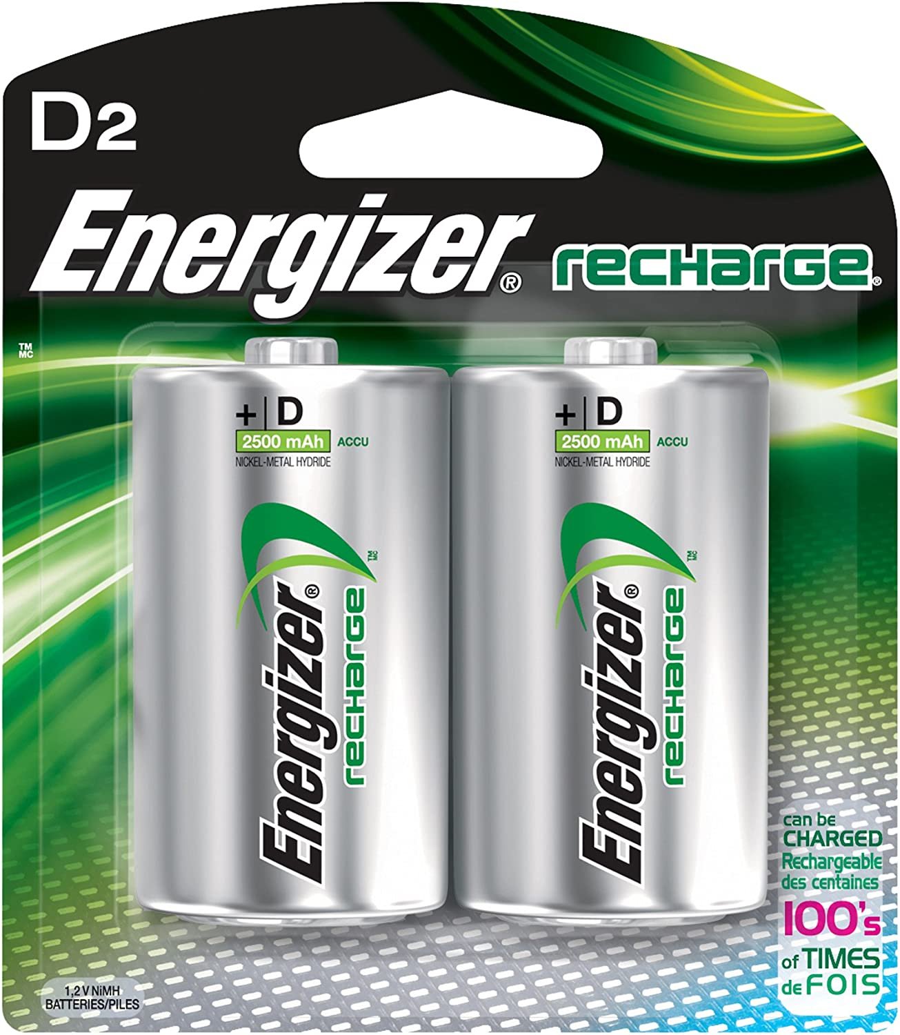 Energizer NH50BP2 NiMH Rechargeable Batteries, D, 2 Batteries/Pack
