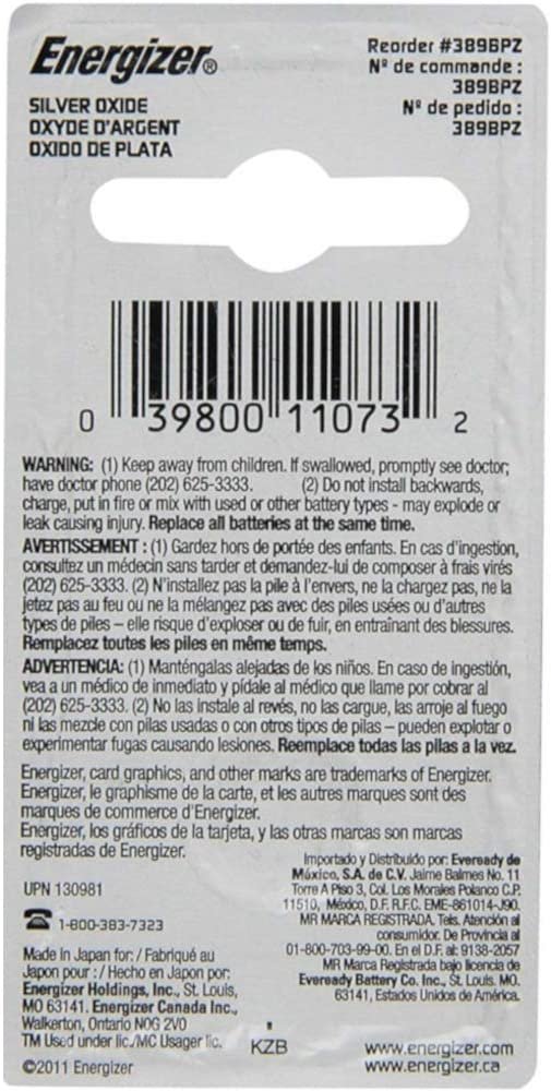 Energizer 389 Button Cell Silver Oxide SR1130W Watch Battery Pack of 5 Batteries