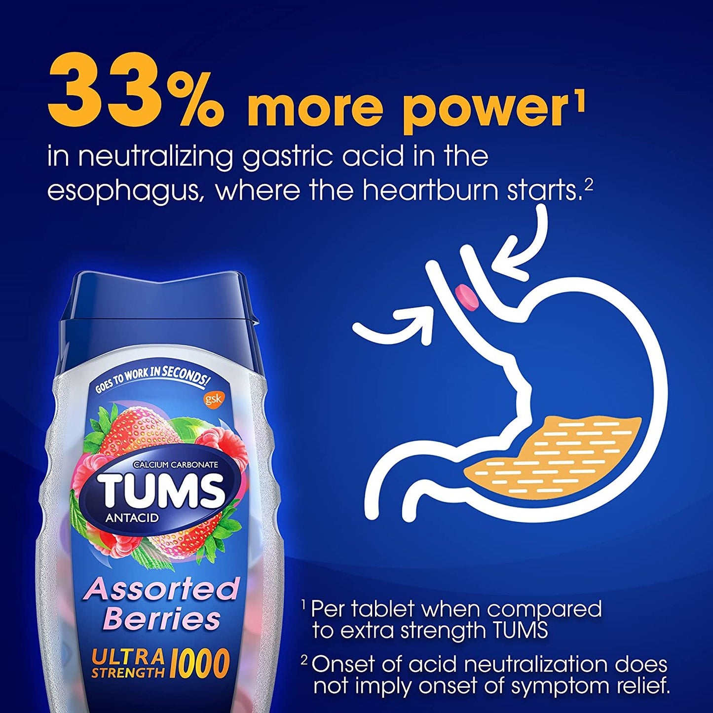 TUMS Ultra Strength Chewable Antacid Tablets for Heartburn Relief and Acid Indigestion Relief, Assorted Berries - 160 Count