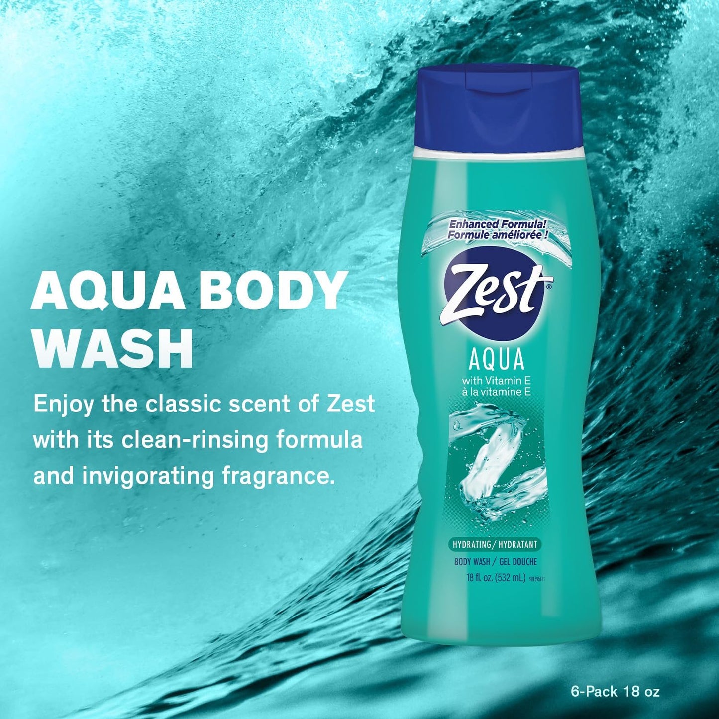 Zest Aqua Hydrating Body Wash, 18 Fl Oz (Pack of 6) - Moisturizing & Refreshing Shower Gel, Easily Lathers for a Relaxing Bubble Bath - Foaming & Exfoliating Skin Cleanser for a Smooth & Clean Skin