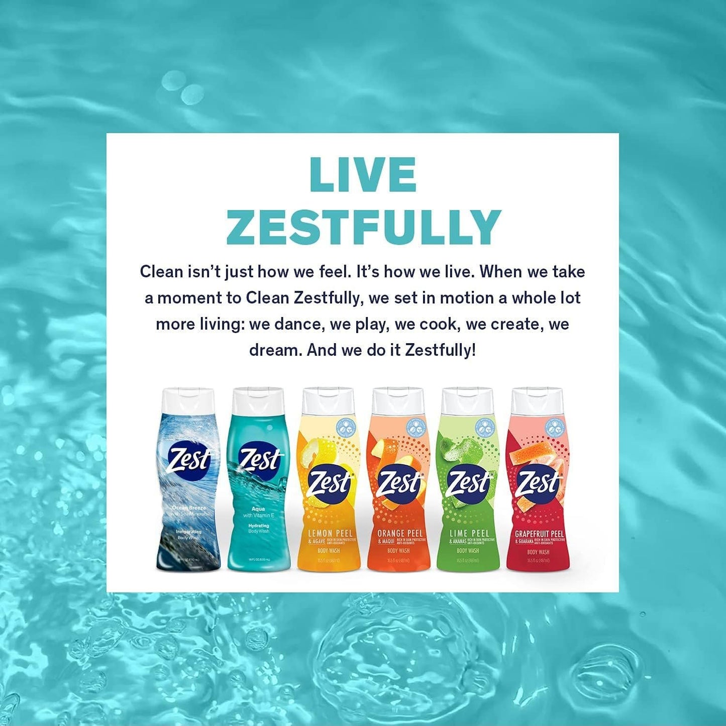Zest Aqua Hydrating Body Wash, 18 Fl Oz (Pack of 6) - Moisturizing & Refreshing Shower Gel, Easily Lathers for a Relaxing Bubble Bath - Foaming & Exfoliating Skin Cleanser for a Smooth & Clean Skin