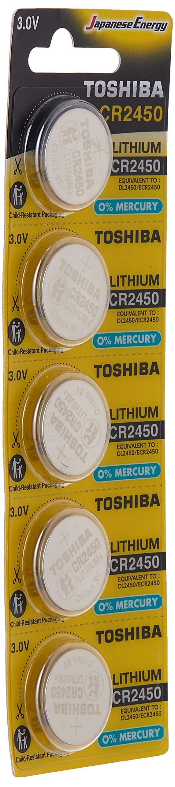 TOSHIBA CR2450 3V Lithium Coin Cell Battery 5 Batteries in Strip Child-Resistant Packaging