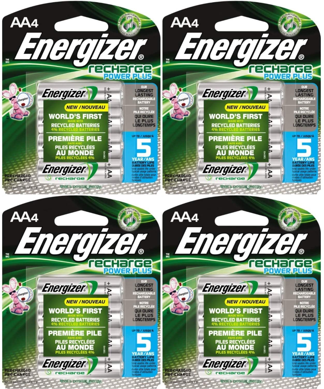 Energizer NiMH Rechargeable Batteries, AA, 4 Batteries/Pack