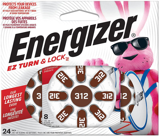 Energizer Zero Mercurcy Long Tabs EZ Turn and Lock Pack Hearing Aid Batteries, Size 312, 24 Count