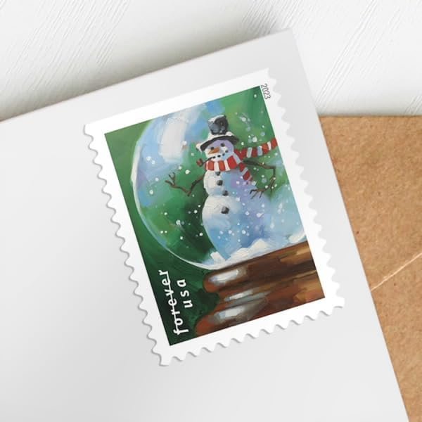 USPS Snow Globes Forever Postage Stamps (A Snowman, Santa Claus Poised on a Chimney, a Majestic Deer, and a Christmas Tree) 2023 Scott #5816-5819