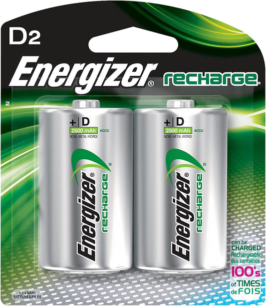 Energizer NH50BP2 NiMH Rechargeable Batteries, D, 2 Batteries/Pack