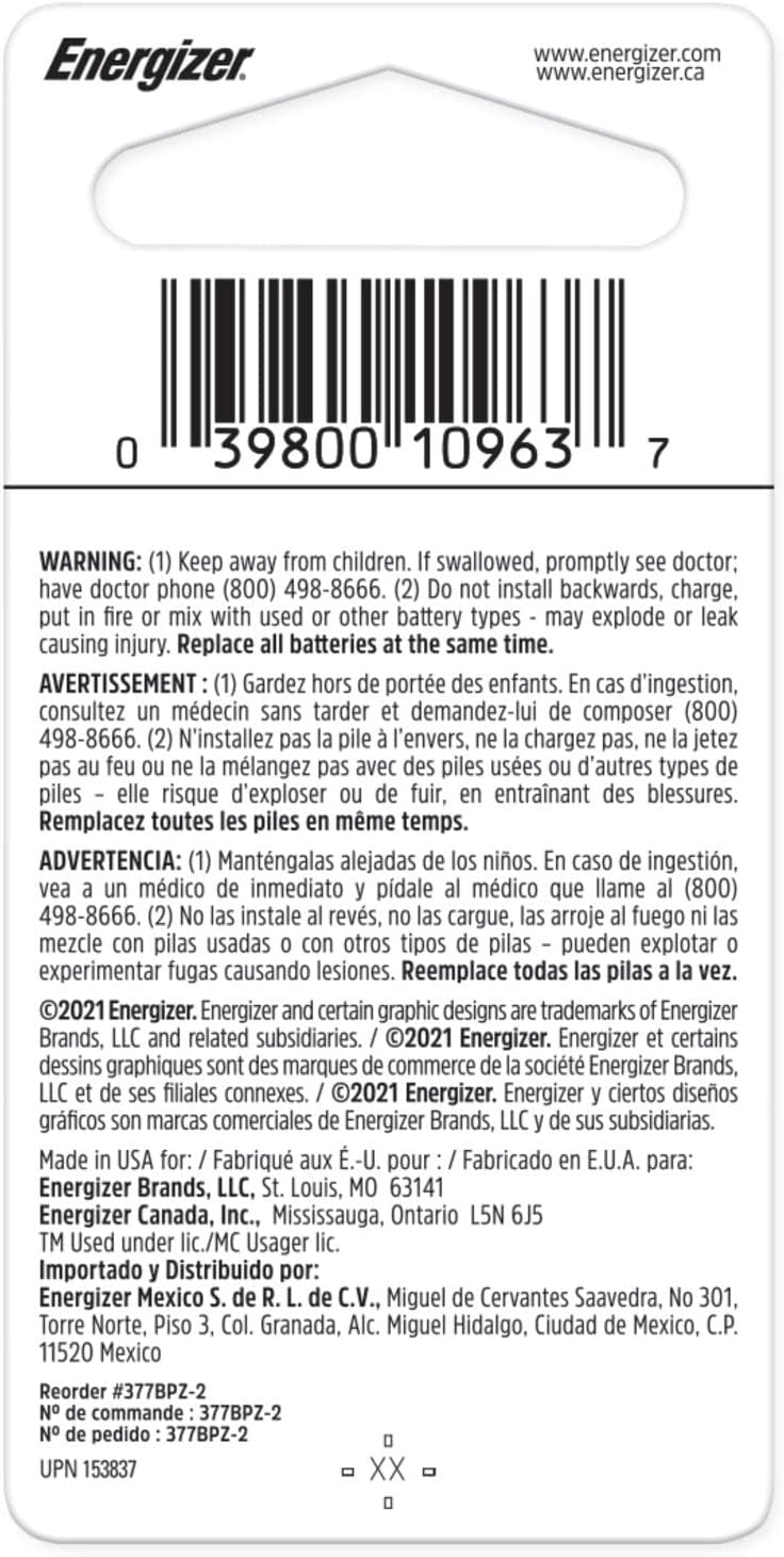 Energizer Silver Oxide Coin Batteries, Button Cell 1.5 Volt Battery Alkaline, 2 Count