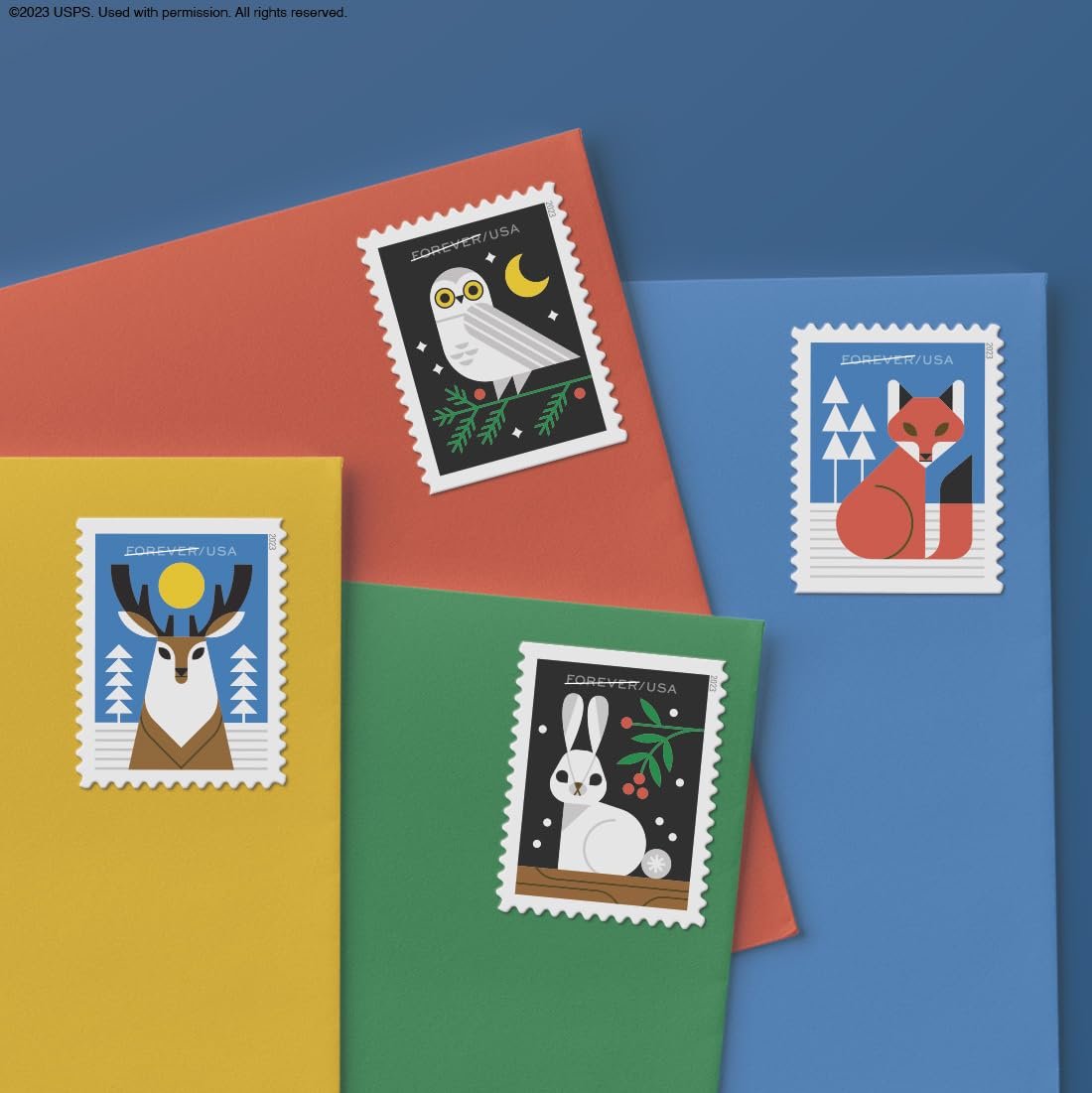 Winter Woodland Animals (Booklet of 20) Forever Postage Stamps (a Deer, Fox, Rabbit, and Owl) 2023 Scott #5822-5825