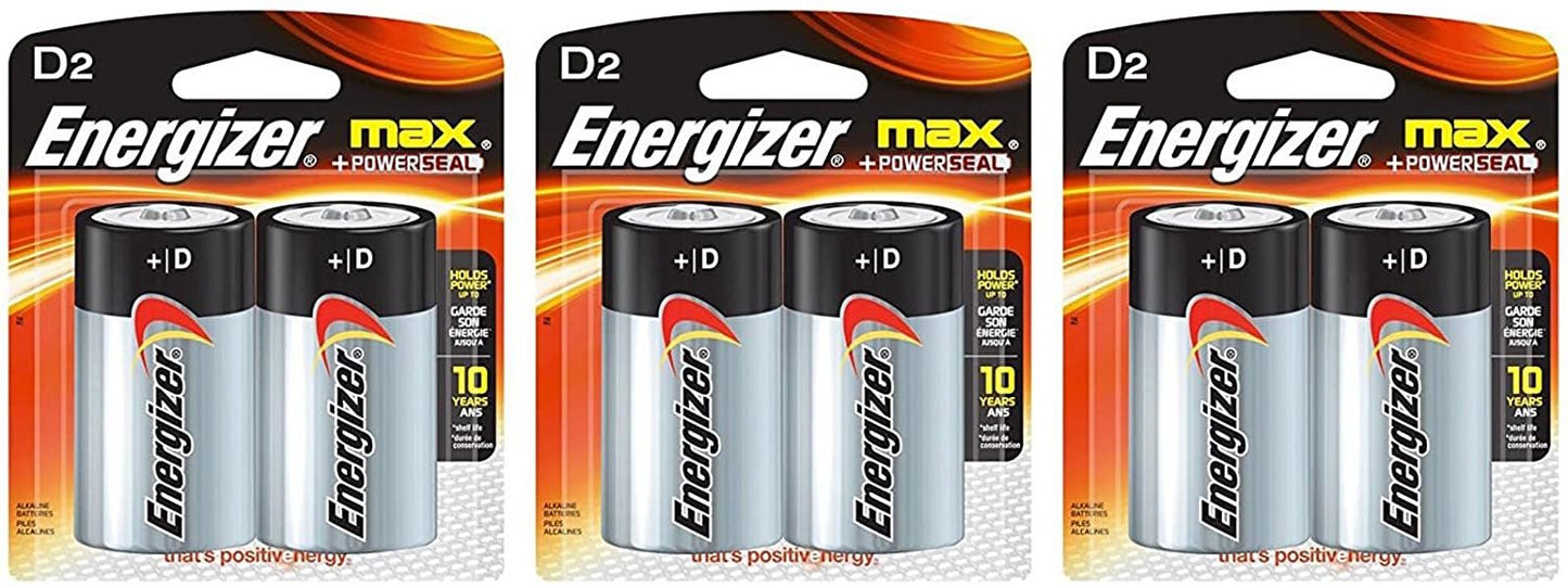 Energizer Max D Batteries, Double-pack E95BP-2 Alkaline, 1 Pack of 2