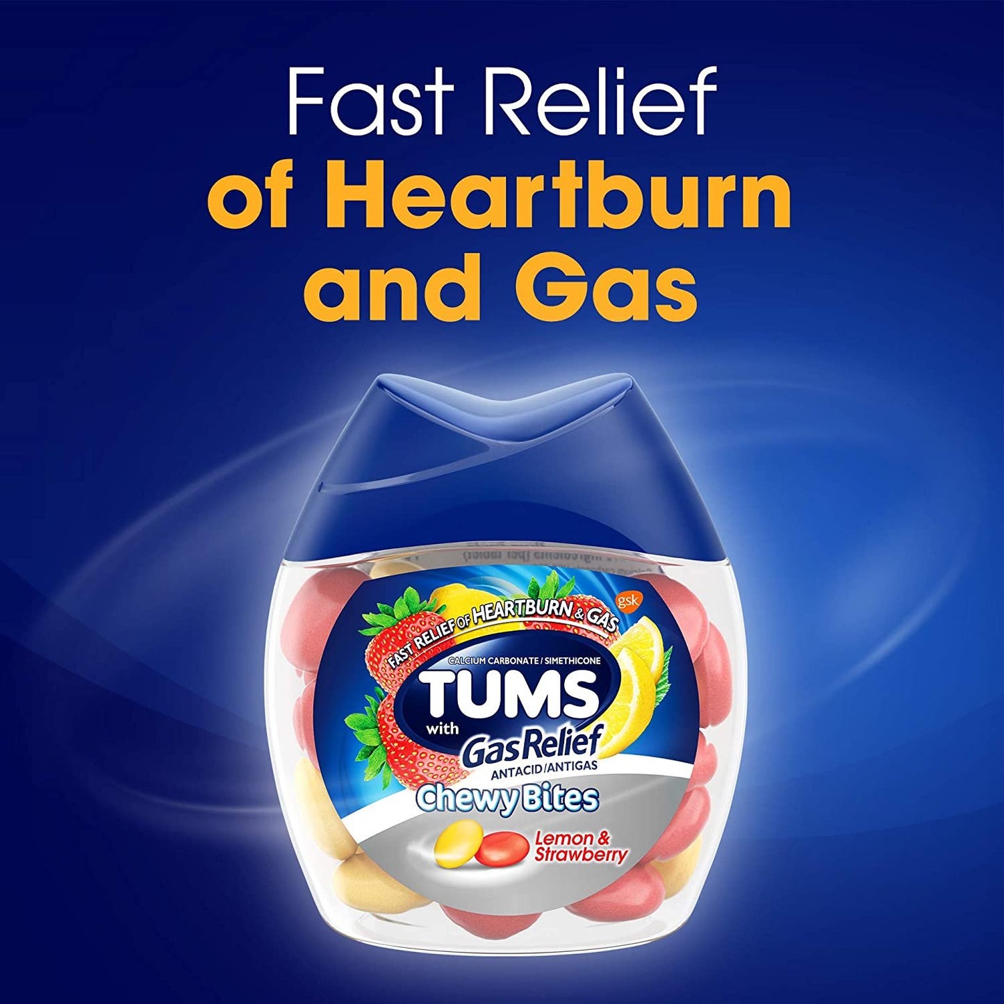 TUMS Chewy Bites Chewable Antacid Tablets with Gas Relief, Lemon & Strawberry - 28 Count
